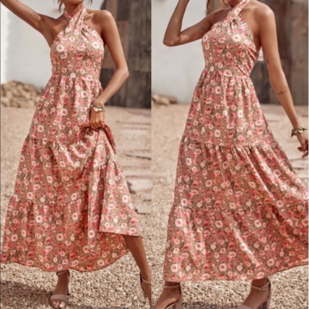 Boho gypsy floral halter maxi dress
